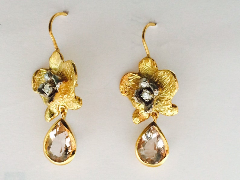 Orchid Earrings, 9ct Gold, diamonds and morganites image 1