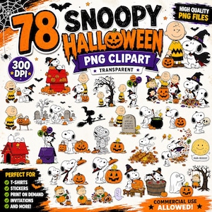 May include: A digital collection of 78 Snoopy Halloween PNG clipart images featuring Snoopy and Charlie Brown in various costumes, including pumpkins, ghosts, witches, and mummies, with text reading 78 SNOOPY HALLOWEEN PNG CLIPART.