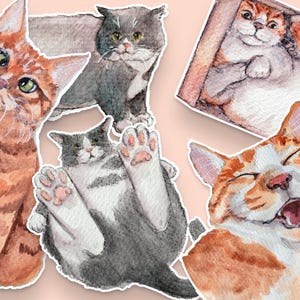 Watercolor Cat Stickers, hand-painted artwork