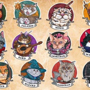 D&D Cats Sticker Sheet, classes, illustrations