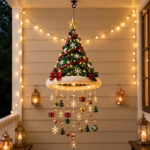 May include: A hanging Christmas tree decoration featuring a green conical top with a gold star, red ribbon, and white snowflake ornaments. A white faux fur trim borders the base, with dangling strings of lights, mini gifts, and ornaments.