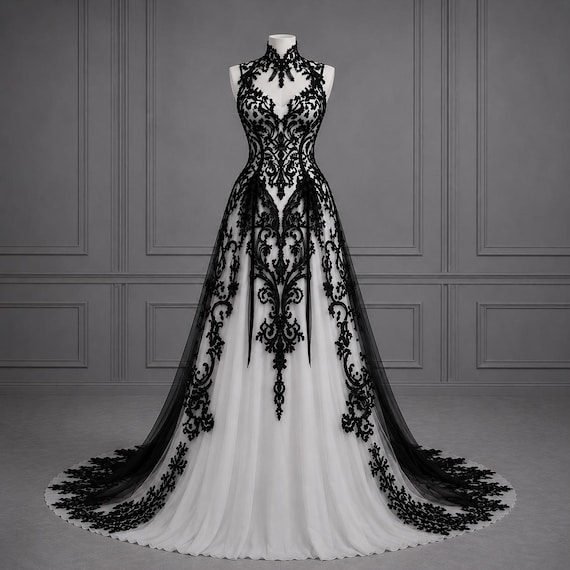 black and white halter wedding dresses & Gothic Dress | High Neck Tulle Bridal Gown | Black Lace Applique A-line Alternative Bride Dress size-medium-7-9