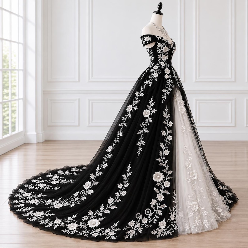 Black Floral Wedding Dress, Embroidered Tulle Gothic Bridal Gown - Etsy Black Floral Wedding Dress, Embroidered Tulle Gothic Bridal Gown - Etsy