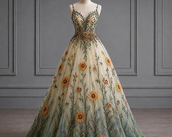 May include: A floor-length ball gown featuring a cream-colored bodice and skirt adorned with intricate green vine embroidery and three-dimensional yellow sunflower appliqués. The dress has thin spaghetti straps, a deep V-neckline, and a full skirt.