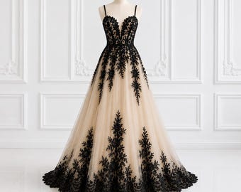 Black Champagne Wedding Dress | Gothic Black Lace Bridal Gown | Embroidered Tulle A Line Wedding Dress | Alternative Bride Dress