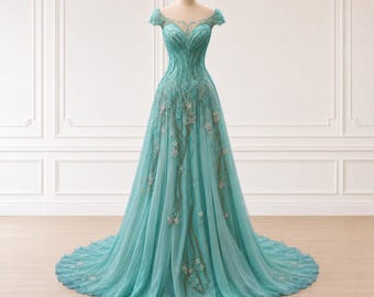 Handgefertigtes blaues Brautkleid mit Blumenmuster | Besticktes Tüll-Brautkleid | Farbenfrohes Märchenkleid für die Hochzeit | A-Linien-Kleid für die Braut