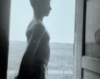 Shirtless Young Man in Silhouette Vintage Photo Doorway