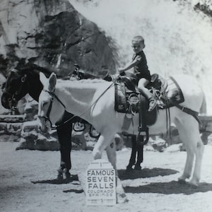 Little Boy on Pack Burro Famous Seven Falls Colorado Springs Vintage Photo