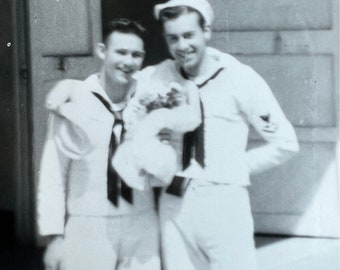 Affectionate Sailors with Flower Bouquet Vintage Photo