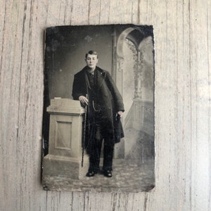 Handsome Man Antique Tintype Photo Sharp Dresser Dandy Walking Stick image 2