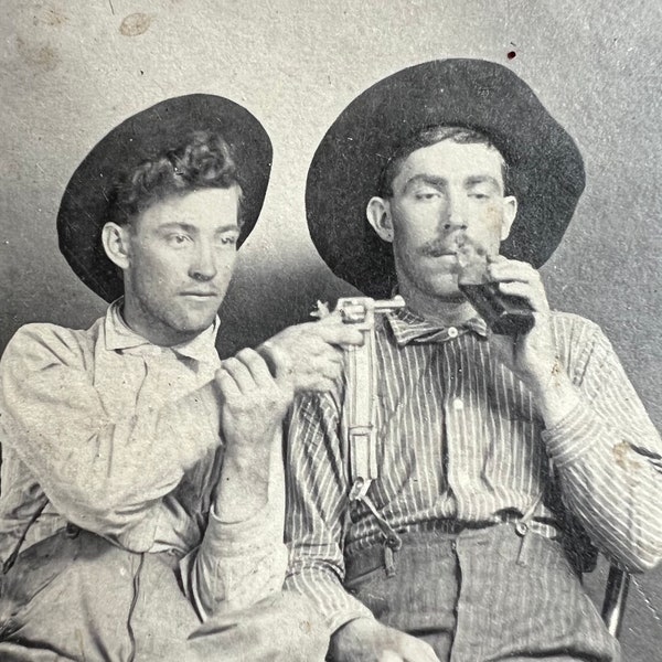 Drink Up or I’ll Shoot Vintage Found Photo Buddies Bad Boys Gun