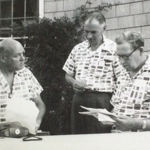 Three Swinging Guys in Matching Shirts Vintage Photo image 1