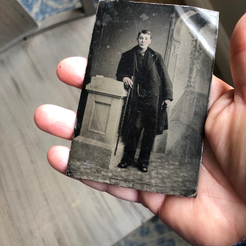 Handsome Man Antique Tintype Photo Sharp Dresser Dandy Walking Stick image 4