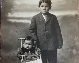 Native American Boy & Baby in Wicker Carriage Antique Found Photo