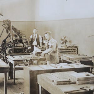Powered Machinery Printing Shop Workmen Vintage Found Photograph