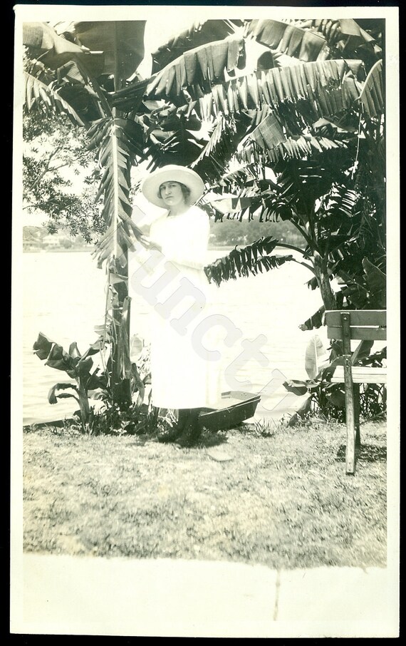 Buy Vintage Photo: Beautiful Woman & Palm Tree at Lake Online in 
