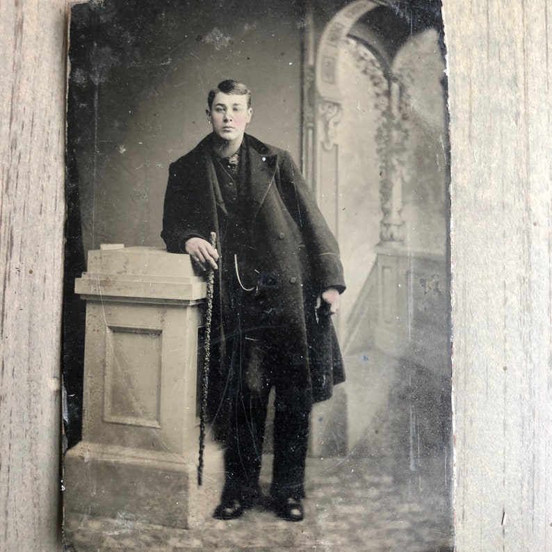 Handsome Man Antique Tintype Photo Sharp Dresser Dandy Walking Stick image 1