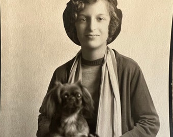 Flapper Girl & her Pekingese Pet Dog Vintage Photo