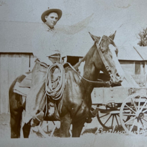 Bartlesville OK Cowboy on Horseback RPPC Real Photo Postcard Elwood