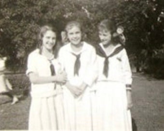 Three Girl Friends in Sailor Suits Middy Blouses Hairbows Vintage Photo