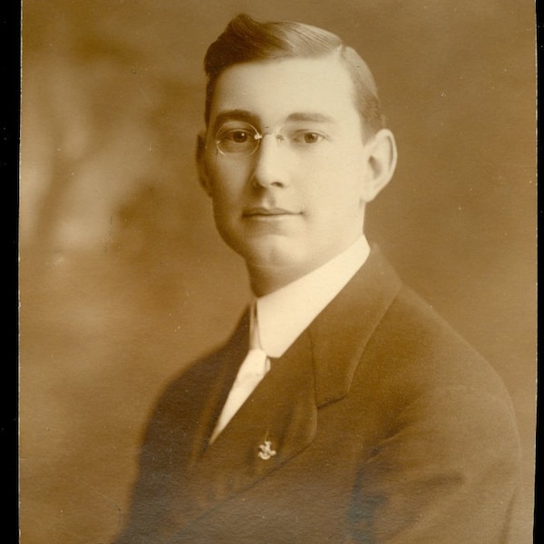 White and Nerdy Cute Young Man in Pince Nez Eye Glasses Vintage Photo Antique Photograph