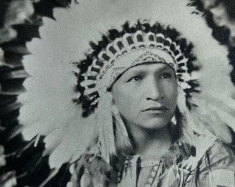 Native American Man in Feather Headdress Vintage Photo 1945 Edna Morrison Studio El Centro CA Headshot