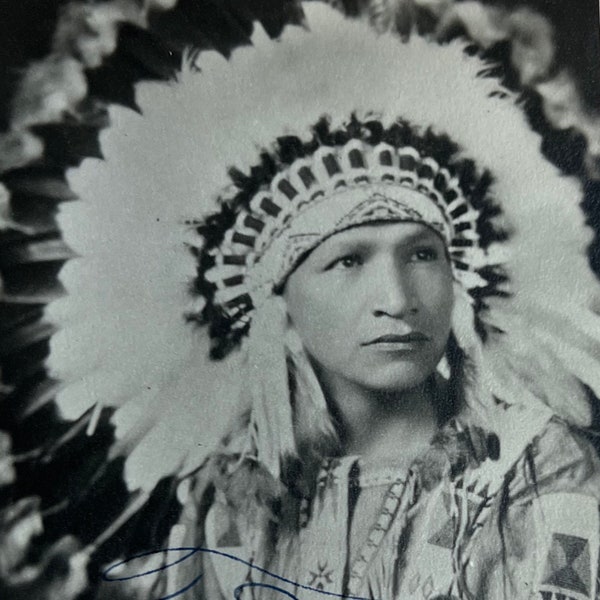 Native American Man in Feather Headdress Vintage Photo 1945 Edna Morrison Studio El Centro CA Headshot