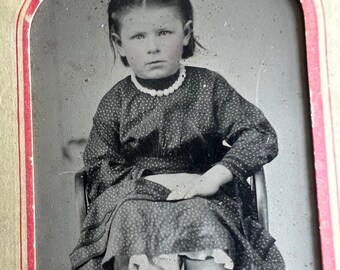 Solemn Girl in Beads, Necklace, Petticoat, Boots Antique Tintype Photo