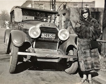 Flapper in Fur Coat Vintage Photo 1920s Auto Cool Hood Ornament
