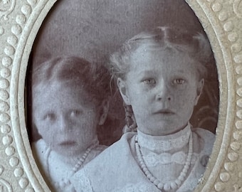 Beautiful Little Sisters in Beads Tiny Antique Matted Photo