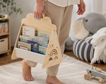 Handmade Montessori Bookshelf, 3 Tier Wood Bookcase with Fabric Pockets, No Assembly Required, Kids Book Display Shelf