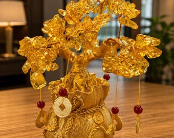 Árbol del dinero dorado hecho a mano con hojas de cristal natural, árbol de la riqueza Feng Shui de 18 cm, decoración de árbol de cristal variado, regalo de árbol del dinero de la suerte
