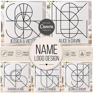 May include: A collection of five square graphic templates featuring black line-art monograms on white backgrounds. Each design displays a unique geometric arrangement of letters with names like Jessica & Victor, Alice & Davin, Sharon & Kane, Grace & Francis, and Gloria & Jeremy printed below. A central circular badge reads NAME LOGO DESIGN with icons for custom design, print ready, and digital files.