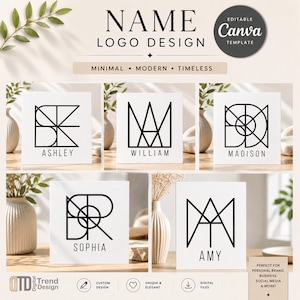 Op de afbeelding: Een digitaal Canva-sjabloon voor een naamlogo-ontwerp met vijf voorbeelden met zwarte geometrische lijnmonogrammen en namen zoals Ashley, William, Madison, Sophia en Amy. De lay-out bevat tekstlabels voor minimal, modern en timeless stijlen.