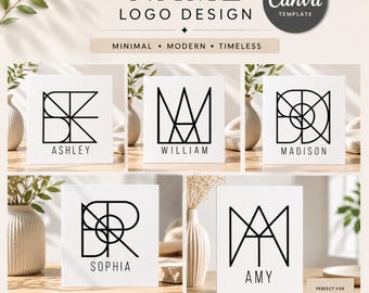 Könnte beinhalten: Eine digitale Logo-Design-Vorlage mit fünf verschiedenen schwarzen geometrischen Monogrammen auf weißen quadratischen Hintergründen. Jedes Logo enthält einen Namen: Ashley, William, Madison, Sophia und Amy. Der Text lautet Name Logo Design, Editable Canva Template, Minimal, Modern, Timeless und OTD Digital Trend Design.