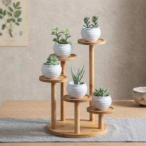 May include: A tiered bamboo plant stand with five circular platforms at varying heights, each holding a small white ceramic pot with horizontal ridges. Each pot contains a green succulent plant, creating a multi-level display arrangement.