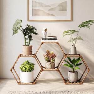 Hexagonal Plant Stand, Natural Eucalyptus Wood Shelf, Indoor Outdoor Garden Display