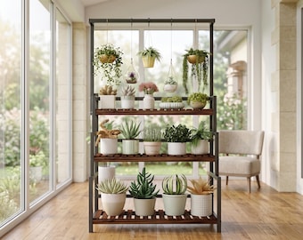 3 Tier Hanging Plant Stand, Ladder Shape Iron Shelf, Black Indoor Plant Display