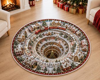 3D Christmas Round Rug, Winter Village Train Optical Illusion Floor Mat, Gingerbread Holiday Carpet, Christmas Tree Room Decor