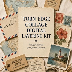 May include: A digital collage kit featuring vintage Caribbean-themed paper ephemera, including a map of the West Indies, a luggage tag for the Oriental Hotel, postage stamps, a steamship ticket, a lighthouse photograph, and a brass compass.