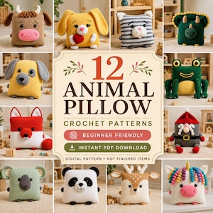 Puede incluir: Una colección de 12 patrones de ganchillo para cojines de animales que incluye vaca, perro, gato, dinosaurio, rana, zorro, gnomo, koala, panda, ciervo y unicornio. El texto central dice 12 ANIMAL PILLOW CROCHET PATTERNS, BEGINNER FRIENDLY, INSTANT PDF DOWNLOAD.