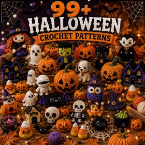 Peut inclure: Une collection de figurines au crochet sur le thème d'Halloween incluant des citrouilles, fantômes, momie, squelette, vampire, sorcière, chat noir, hibou, araignée et maisons, avec le texte 99+ HALLOWEEN CROCHET PATTERNS affiché au-dessus.