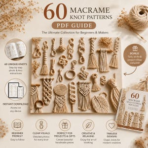 60 makraméknutmönster PDF-guide | Handledning för makraméknutar | Nybörjarmakramé | Steg-för-steg-instruktioner för knutar | Direktnedladdning