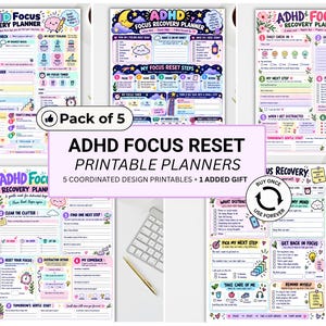 Pode incluir: Um conjunto de cinco planejadores imprimíveis ADHD Focus Recovery com designs gráficos coloridos, listas de verificação e avisos para registros diários, passos de reinicialização de foco e acompanhamento de progresso.