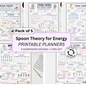 May include: A set of five printable Spoon Theory energy planners featuring pastel-colored layouts with icons of spoons, clouds, and plants. The pages include sections for daily energy tracking, task lists, and self-care check-ins with text labels.