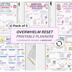 May include: A set of five printable planner sheets featuring colourful illustrations and text including titles like I Don't Know Where To Start, When Life Feels Heavy, and Gentle Reset For Overwhelm. The pages contain checkboxes, mood trackers, and writing prompts for daily organisation and mental wellness tracking.