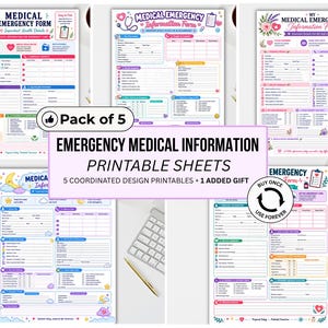 Puede incluir: Un paquete de cinco formularios de emergencia médica imprimibles con varios diseños coloridos que incluyen secciones para datos personales, contactos de emergencia, historial médico e información de seguros, con el texto Medical Emergency Form.