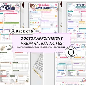 Könnte beinhalten: Ein Set aus fünf druckbaren Planern und Notizblättern für Arzttermine mit farbenfrohen Layouts, medizinischen Symbolen und strukturierten Bereichen zur Erfassung von Symptomen, Medikamenten und Details zum Arztbesuch.