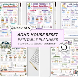 May include: A pack of five ADHD-friendly house reset printable planners featuring colorful illustrations, checklists, and task trackers. The designs include text such as ADHD-Friendly House Reset Plan, Pack of 5, and Buy Once Use Forever.