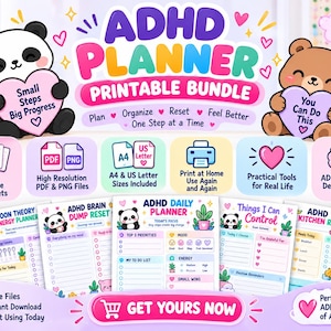 ADHD Worksheet Bundle | 50+ Printable Planners for Burnout, Brain Dump, Low Energy (PDF/PNG)